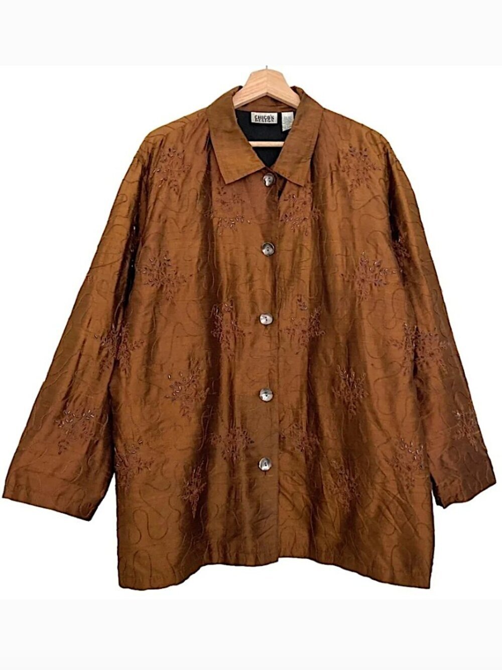 CHICOS Silk Tunic Top Oversized Beaded Embroidered Copper Brown